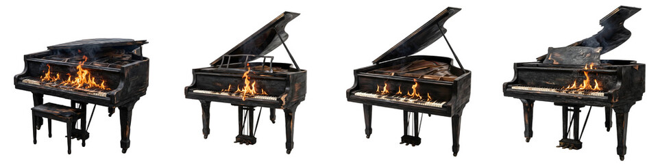Set of four isolated black grand pianos burning with bright orange flames, fire damage and dramatic music disaster concept for creative composite design projects. © Dynamic Shoots
