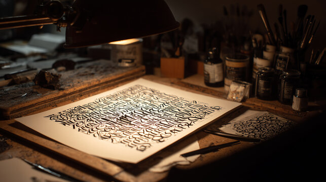 Overhead view of a finished sheet of flourished brush calligraphy drying on a workbench beside ink pots brushes and nibs under the warm glow of a desk lamp