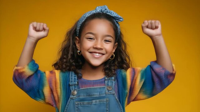 Excited child posing in denim overalls on a yellow studio backdrop, playful victory gesture, rainbow sleeves, confident happy expression, realistic editorial photography