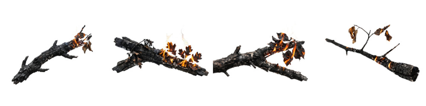 Set of four isolated charred wood branches burning with orange flames and dry leaves, realistic forest fire debris elements for creative composite design projects.