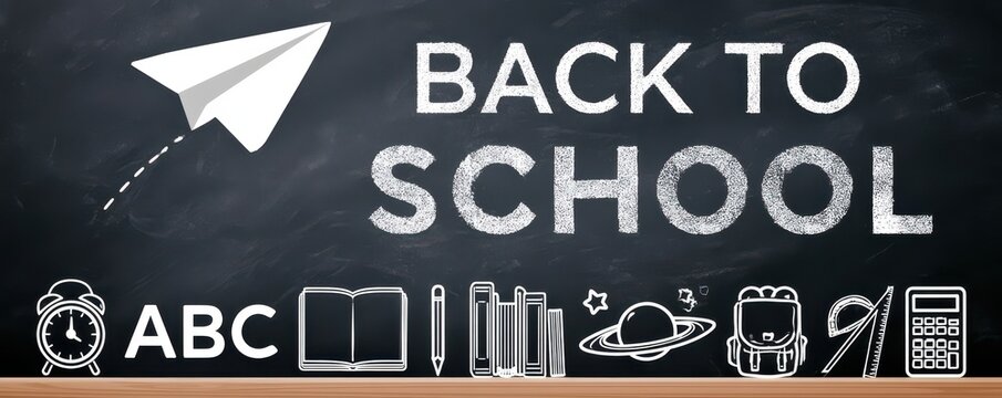 Back to school chalkboard with education icons, paper airplane and classroom supplies illustration