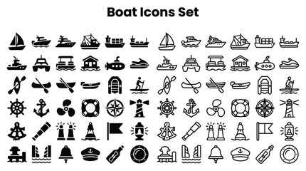 A collection of boat icons set with various vessels, ships, and nautical symbols on a white background. © Ube