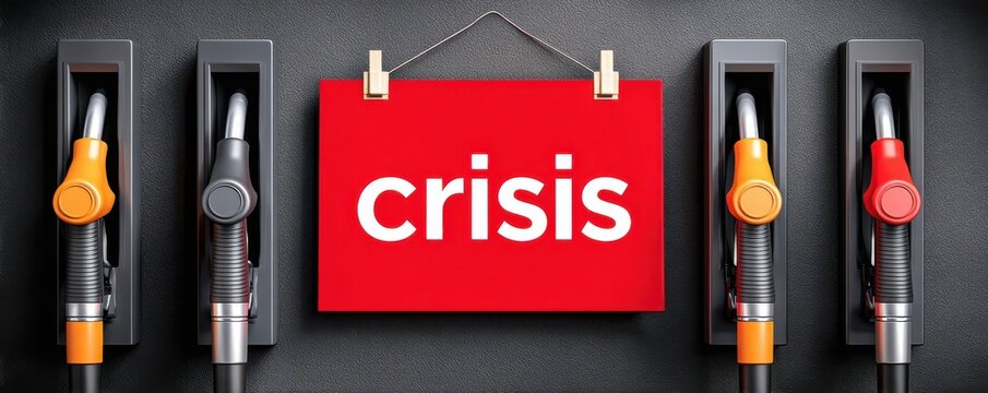 Red crisis sign between fuel pump nozzles symbolizing energy and fuel supply crisis