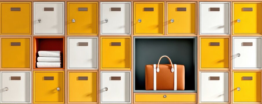 Yellow locker wall with open cubby showing travel bag and folded towels