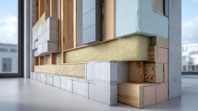 Cutaway cross section of a building exterior wall showing layered insulation rockwool rigid foam timber studs and masonry blocks against a bright facade
