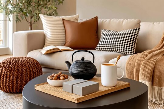 Cozy living room scene with a teapot, mug and tray on a coffee table beside a soft sofa