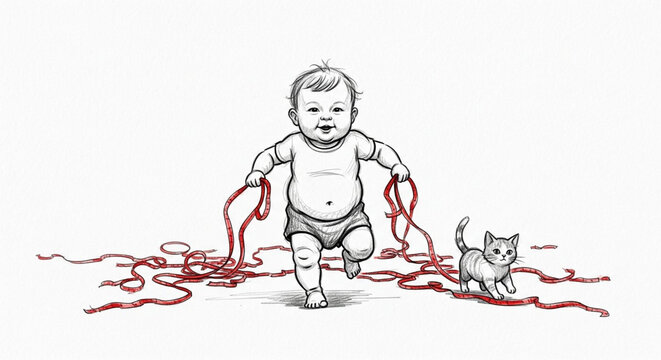 Surreal illustration of baby and kitten in tangled red strings.