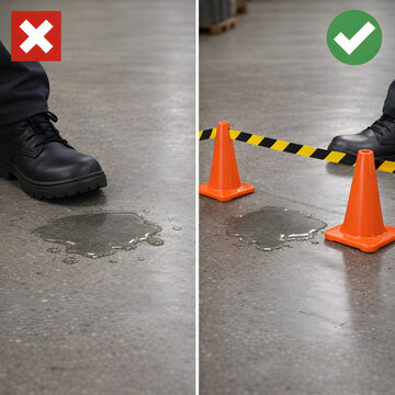 Housekeeping Spill Safety Comparison, Unsafe vs Safe Spill Control with Cones and Barrier Tape, Industrial Workplace Safety Training Visual with Red X and Green Check Icons