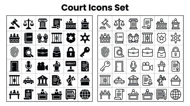 Court icons set featuring symbols for law, justice, and legal system
