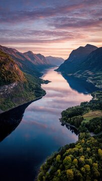 Serene Fjord at Sunset with Mountain Reflections