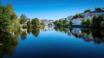 Fototapeta premium Serene River Reflections with European Townscape
