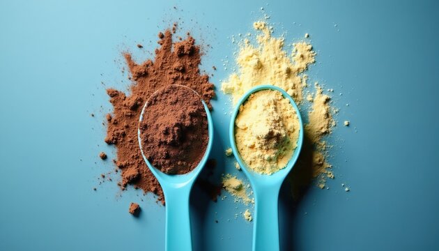 Two scoops with protein powder. One scoop has chocolate flavor. Other scoop is vanilla flavor. Health nutrition for bodybuilders and athletes.