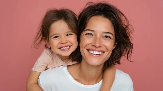 Mother's Day celebration, smiling mother and child, piggyback pose, golden glitter makeup, heart locket and promise scroll, floral decor, coral-pink background, family bonding, love and gratitude.