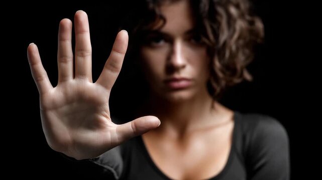 Silhouette of frightened woman raising her hand in a stop gesture, black and white emotional concept, domestic fear, personal boundaries, realistic documentary