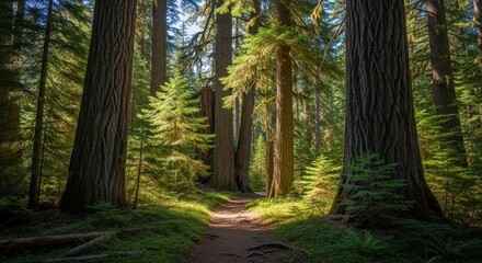 Fototapeta premium Sunlit Path Through Giant Redwoods