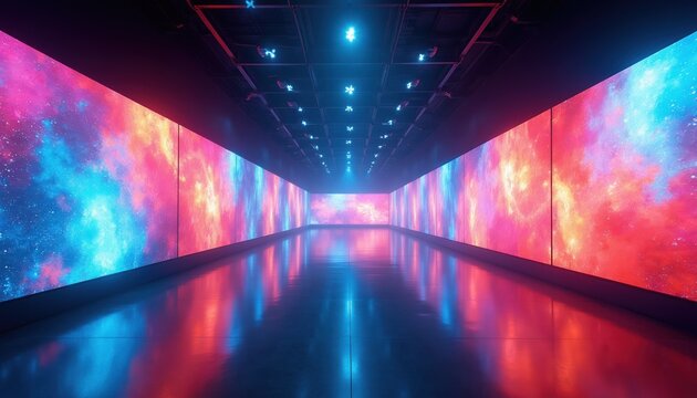 Modern hall with large digital screens showing colorful space nebula. Reflective floor mirrors the bright led lights. Futuristic exhibition space with technology display.