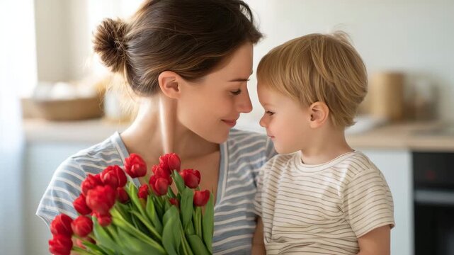 Tender mother and son moment with red tulips at home, forehead-to-forehead affection, cozy kitchen background, warm realistic Mother&rsquo;s Day stock photo A mother in a striped