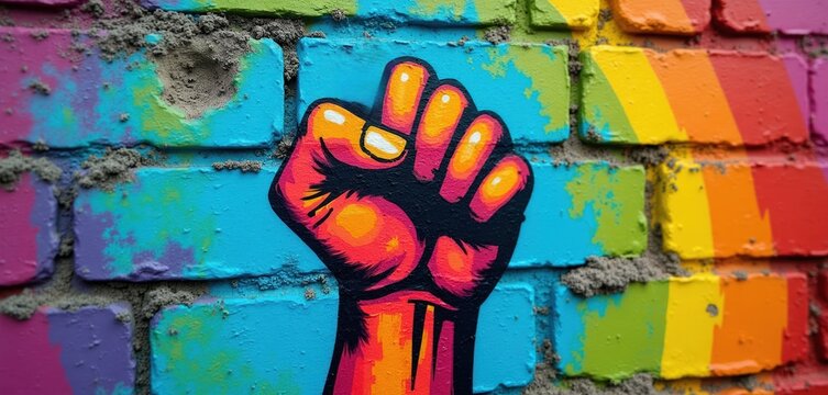 Fist raised in protest on rainbow brick wall. Symbol of unity, power, fight for rights. Graffiti art mural shows solidarity, resistance. Colorful background represents diversity, community support.