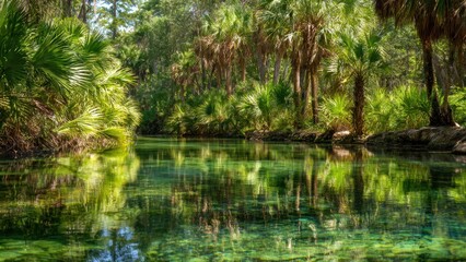 Obraz premium Tropical Swamp with Palm Trees and Clear Water