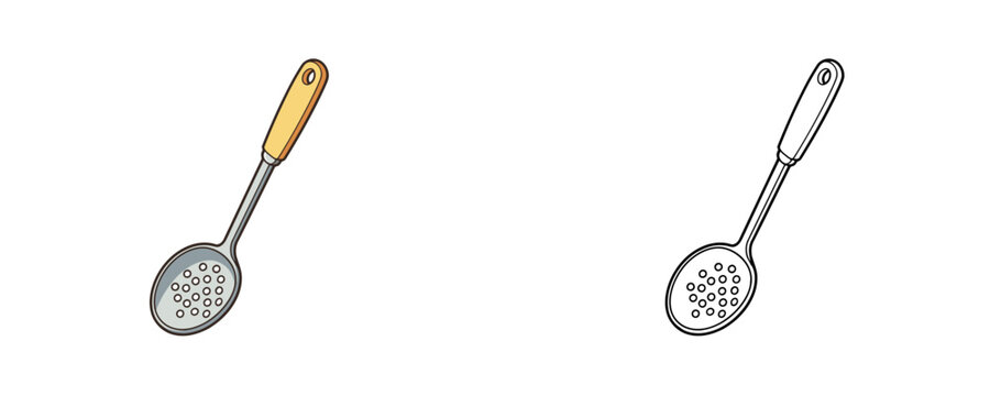 Cartoon slotted spoon illustrations in colored flat and black line styles kitchen utensil with wooden handle used for cooking and straining food on white background