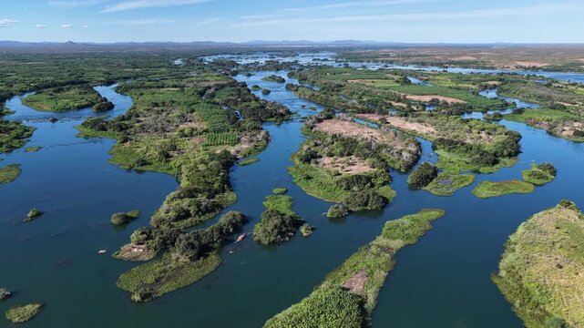 Sao Francisco River In Cabrobo In Pernambuco Brazil. Biggest Northeastern River. Amazing Riverfront Scenery. Nature Forest Trees. Sao Francisco River In Cabrobo Pernambuco. Riverside Beach.