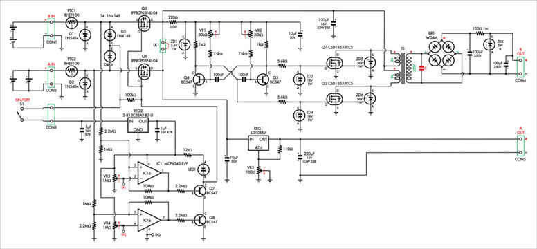 Schematic diagram of electronic device on paper sheet. Vector drawing electrical circuit with 
integrated circuit, logic element, operational amplifier, transistor, led indicator, capacitor, resistor.