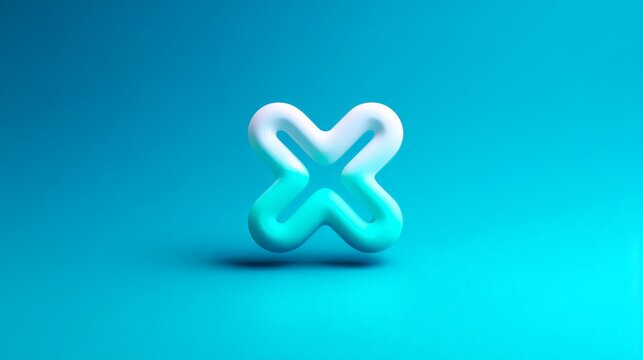 Abstract white X symbol floats above vibrant turquoise surface. Soft shadows define its rounded, three-dimensional form. Minimalist design evokes modern digital or conceptual themes