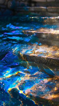 Vibrant water ripples reflect dazzling blue and gold hues. Sunlight dances across stone steps, creating shimmering patterns. The scene evokes calm, serenity, and natural beauty. Ideal for luxury spa