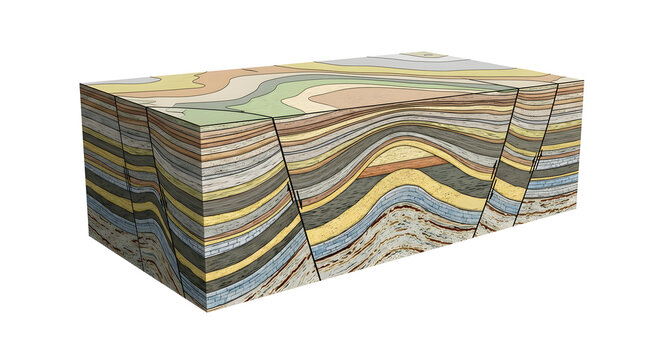 3D Geological Cross-Section Block Model Showing Stratigraphic Layers and Faults, Suitable for Science Education, Isolated on a White Background