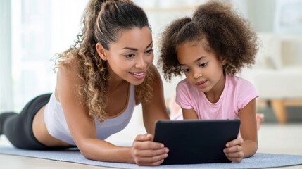 Obraz premium Woman and little girl using digital tablet on fitness mat. Mother and daughter spending time together looking at screen. Family lifestyle and morning exercise with educational app.