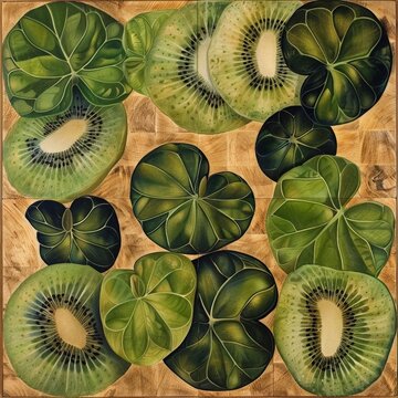 Kiwi fruits and leaves in rich green tones. Slices reveal juicy flesh and dark seeds inside. Texture highlights organic detail and freshness. Artistic composition adds visual appeal