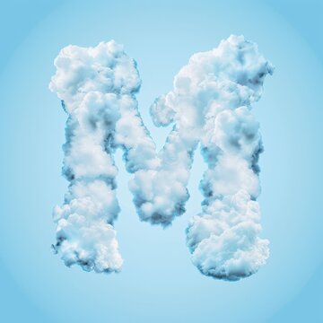 Cloudy letter M floats against soft blue sky. White, fluffy texture gives dreamlike, airy impression. Ideal for branding, creative, or whimsical design projects