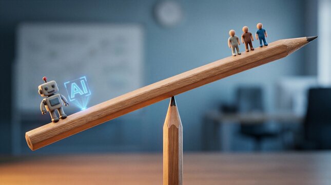 Miniature artificial intelligence robot and human workers are balanced on a pencil scale in a modern workspace.