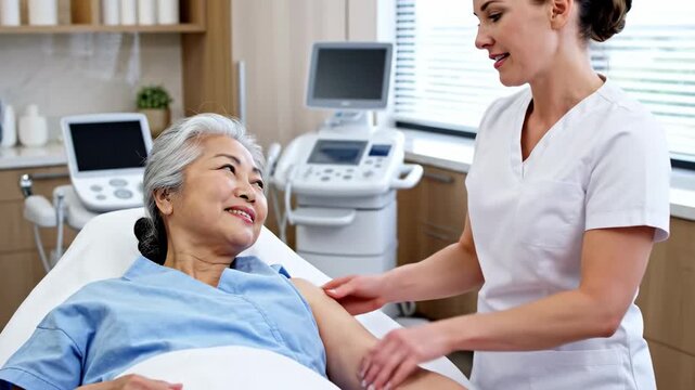 A compassionate nurse gently examines the arm of an elderly woman lying on an examination table within a medical office, receiving attentive healthcare in a supportive clinical environment