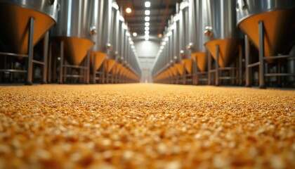 Fototapeta premium Golden barley covers brewery floor near steel fermentation tanks. Industrial beverage production, agriculture grain processing. Craft beer making process interior.