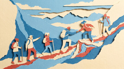 Fototapeta premium Diverse group hiking on mountain trail in paper cutout style 