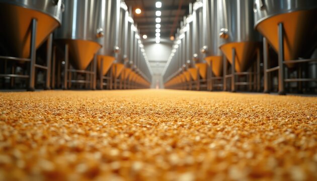 Golden barley covers brewery floor near steel fermentation tanks. Industrial beverage production, agriculture grain processing. Craft beer making process interior.