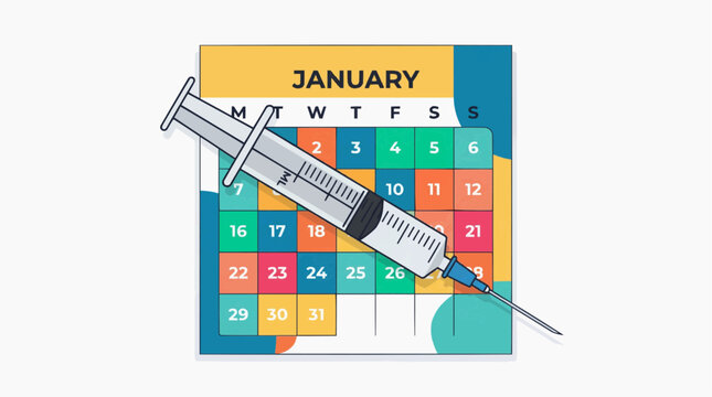 A colorful vector graphic of a syringe on a calendar for January with a bold design influenza in the winter season