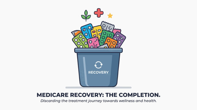 A vector graphic illustration of a blue bucket with colorful medication bottles and a recovery theme influenza in the winter season