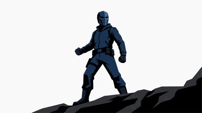 A blue superhero standing on a rocky cliff in a powerful stance with a white background influenza in the winter season