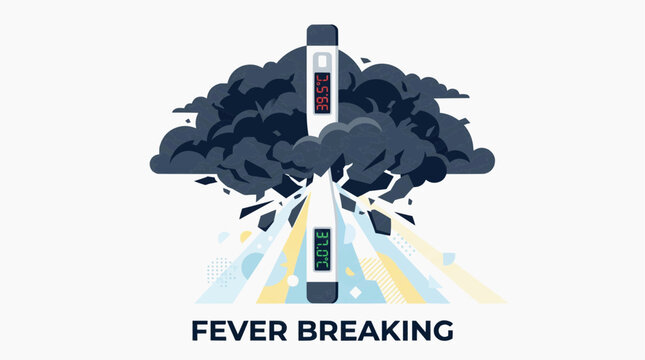 A vector graphic illustration of a thermometer breaking through clouds, symbolizing fever reduction and relief. influenza in the winter season
