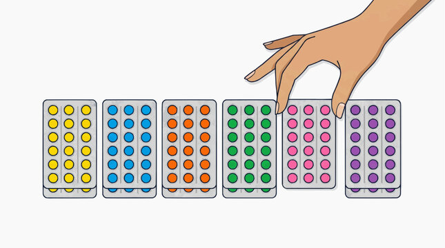 A hand selecting a colorful pill pack from a row of medication blister packs in different hues influenza in the winter season