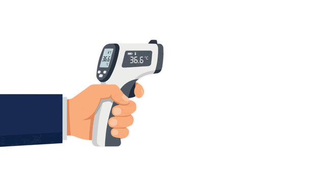 A hand holding a digital infrared thermometer with a sleek and modern design on a white background influenza in the winter season