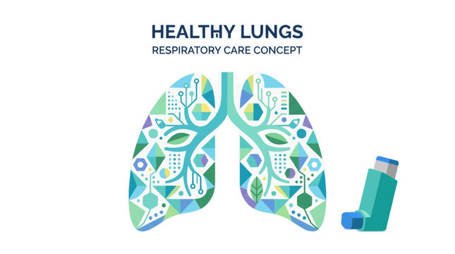 A colorful vector graphic illustrating healthy lungs and respiratory care concept with an inhaler influenza in the winter season