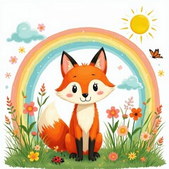 Naklejka premium Cute cartoon fox sits in field of flowers under rainbow and sun. Ladybug and butterfly fly around. Perfect for kids books and nature themes.