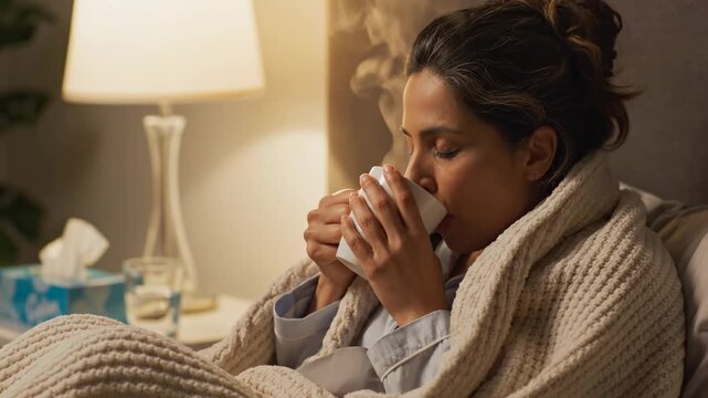 Sick woman wrapped in a warm blanket enjoying a hot beverage in bed at night, feeling unwell and seeking comfort with tissues and a bedside lamp nearby