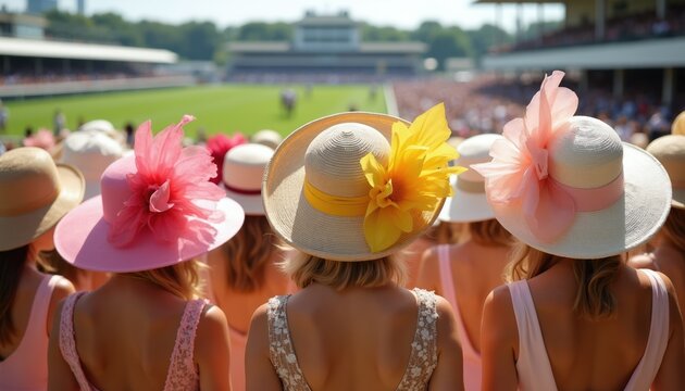 Women wear fancy hats at horse race track. Spectators watch horses run. Sunny day event with stylish ladies enjoying outdoor sport. Fashionable attire seen.