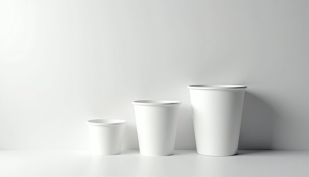 Three white paper cups of different sizes sit in a row on a clean white surface. The cups vary in height and width creating a visual progression from small to large.