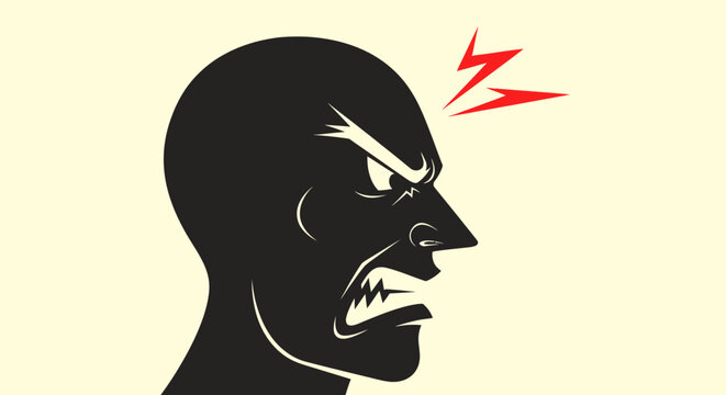 Silhouette of Angry Man's Head with Red Lightning Bolt Symbolizing Rage and Frustration