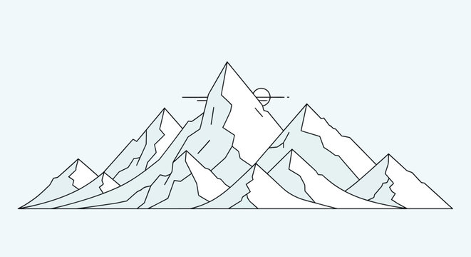 Minimalist mountain range landscape illustration with sun and geometric lines